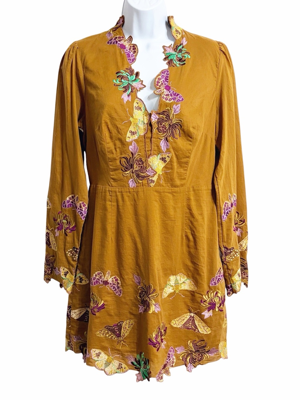 Maeve by Anthropologie Boho Embroidered Moth Mini Dress Womens 8 NWT Forest